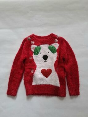 Kids Red Fuzzy Polar Bear Heart Sweater SZ 4